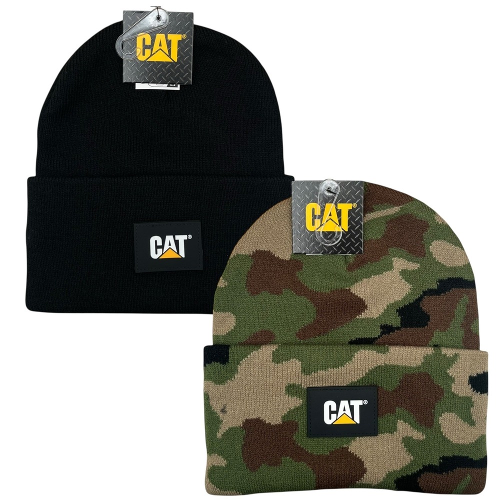 Caterpillar Men's CAT Label Cuff Beanies Black & Woodland Camo One Size Knit Hat